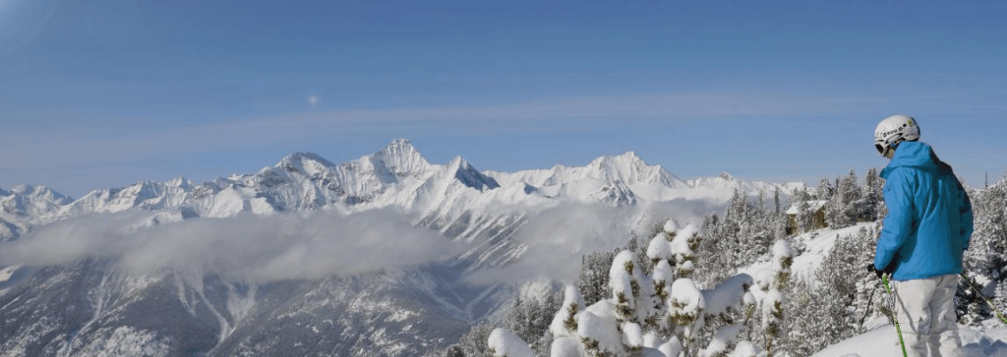 A skier looking over a high ski resort in North America